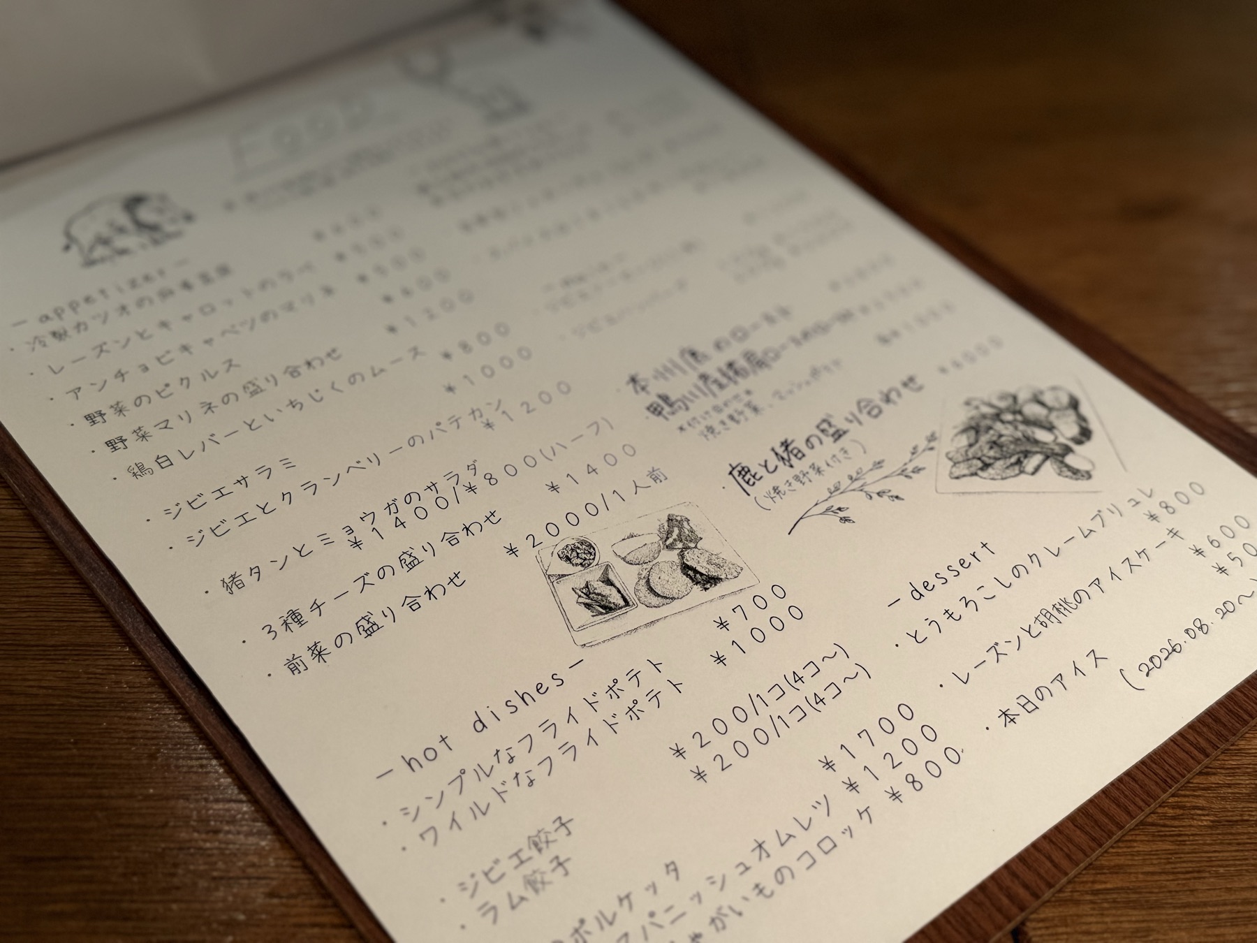 手書きのメニュー